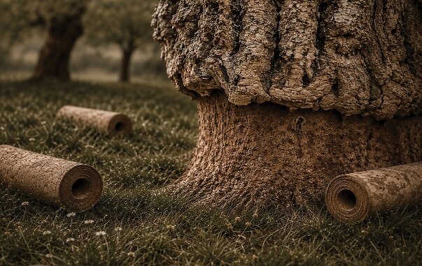 Cork oak tree with rolls of natural cork