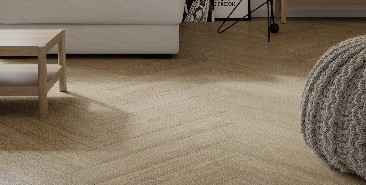 Scandinavian living room with herringbone Durastar Silent Cork floor