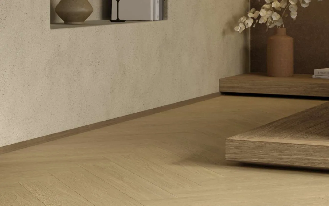 Cream Darcy Oak, DY, 8 mm, Herringbone - Room Scene