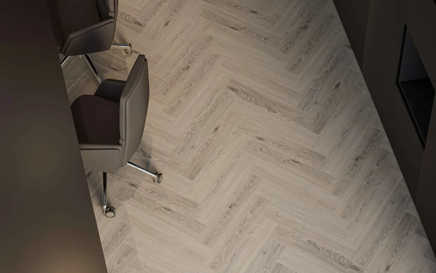 Greige Montanara Oak, MR, 6 mm, Herringbone - Room Scene
